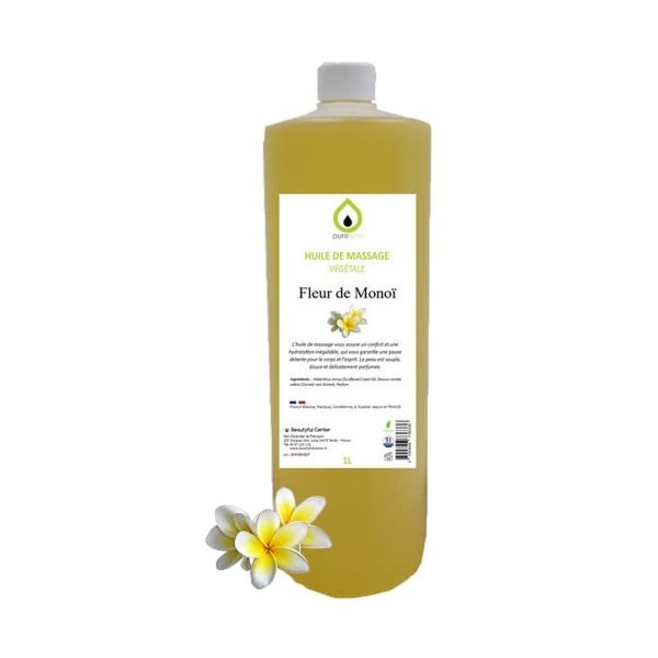 Purespa Huile de Massage végétale parfumée - 100% Massage Naturelle Bio relaxante et exotique Fleur de Monoï, 1 Litre 
