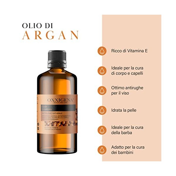 Oxxigena Huile d’Argan du Maroc Pur 100% - 250 ml - Pressé à Froid - Hydratant, Idéal pour Visage, Cheveux, Peau, Barbe et Cu