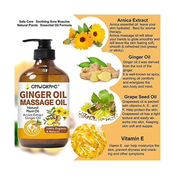 Ginger Oil,Ginger Massage Oil for Lymphatic Drainage,Arnica Oil,100% Natural Massage Oil with Grape Seed Oil Arnica Extract,V