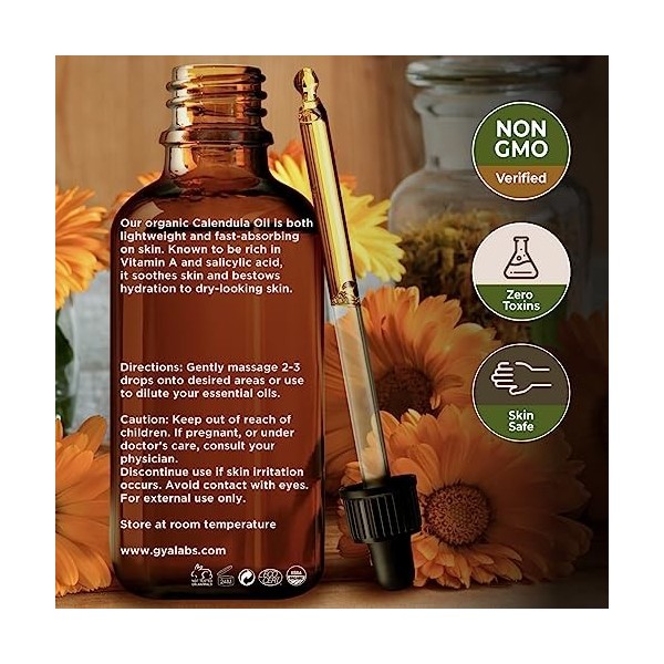 Gya Labs USDA Huile de calendula bio pour la peau - Huile de calendula 100% naturelle pour le visage, la croissance des cheve