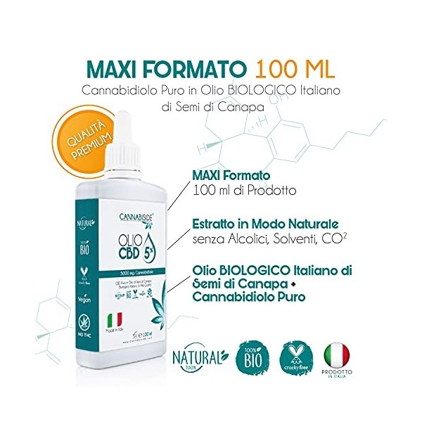 Huile de CBD 5% 5000 mg 100 ml | Huile de chanvre avec 3900 gouttes de CBD de qualité fabriquée en Italie | Produit Naturel