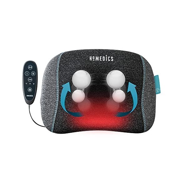 HoMedics TRUHEAT Shiatsu Rechargeable Massage Pillow - Rechargeable, Cordless and Portable, 50 mins per Charge with auto Shut