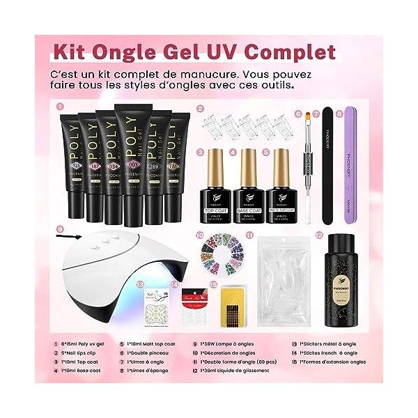 Poly Extension Gel Kit Phoenixy avec 36W Lampe U V 6 Couleurs Nail Extension Gel Kit Ongle Gel U V Complet pour Débutant Base