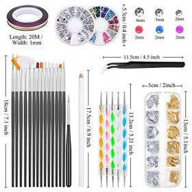 Kiiwah Kit de 31 Pièces Nail Art Design, 15 Pinceau à Ongles, 5 Dotting Pens, 2 Boîtes Ongles Strass, 10 Striping Tape et Feu
