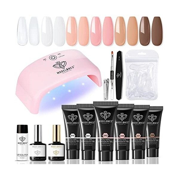 Modelones Polygel Kit Complet Ongles Extension Gel 6 Couleurs Transparent Blanc Rose avec 20W Lampe UV Base et Top Coat Slip 