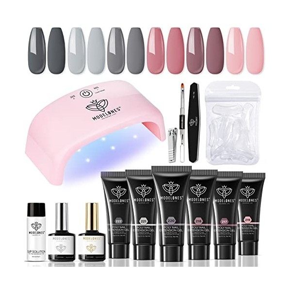 Modelones Polygel Kit Complet Ongles Extension Gel 6 Couleurs Transparent Blanc Rose avec 20W Lampe UV Base et Top Coat Slip 