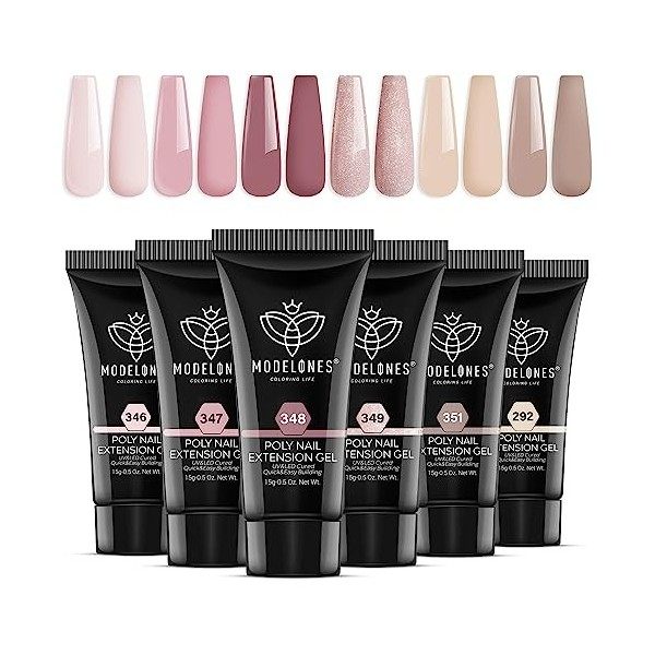 Modelones Polygel Kit Complet Ongles Extension Gel 6 Couleurs Transparent Blanc Rose avec 20W Lampe UV Base et Top Coat Slip 