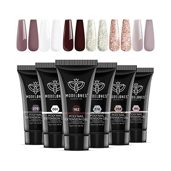 Modelones Polygel Kit Complet Ongles Extension Gel 6 Couleurs Transparent Blanc Rose avec 20W Lampe UV Base et Top Coat Slip 