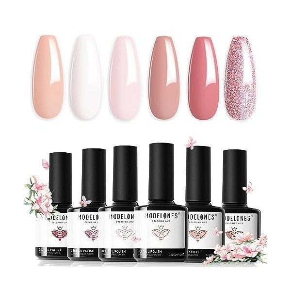 Modelones Vernis Semi Permanent Nude Rose, Vernis Gel UV Semi Permanent Kit 6 Couleur Vernis à Ongles Semi Permanent Soak Off