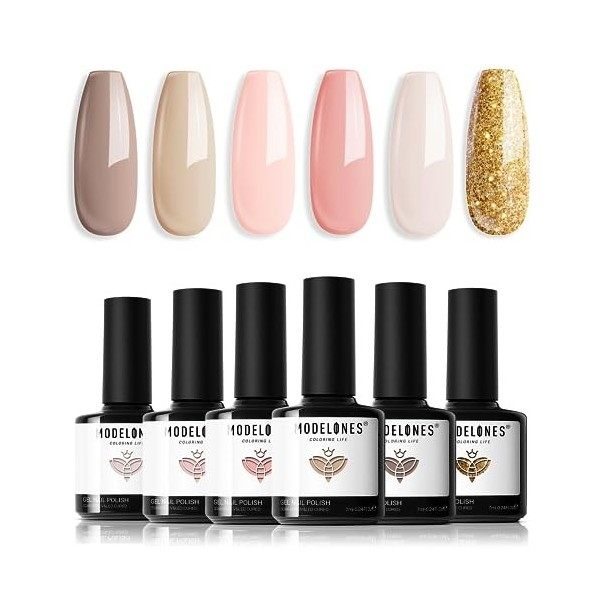 Modelones Vernis Semi Permanent Nude Rose, Vernis Gel UV Semi Permanent Kit 6 Couleur Vernis à Ongles Semi Permanent Soak Off