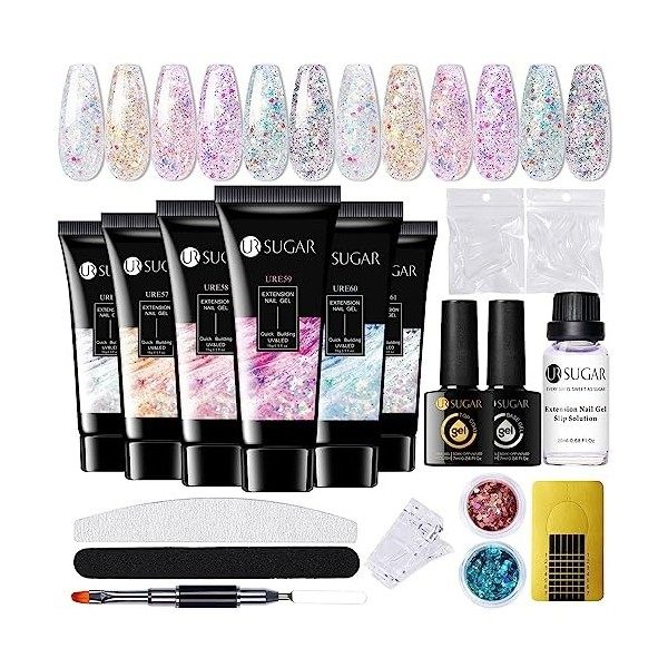 UR SUGAR Poly Extension Gel Kit, Ongles Gel Kit, 6 Couleurs Transparent Rose Poly Nail Tube Gel Kit Complet 15ml, Acrygel Ong