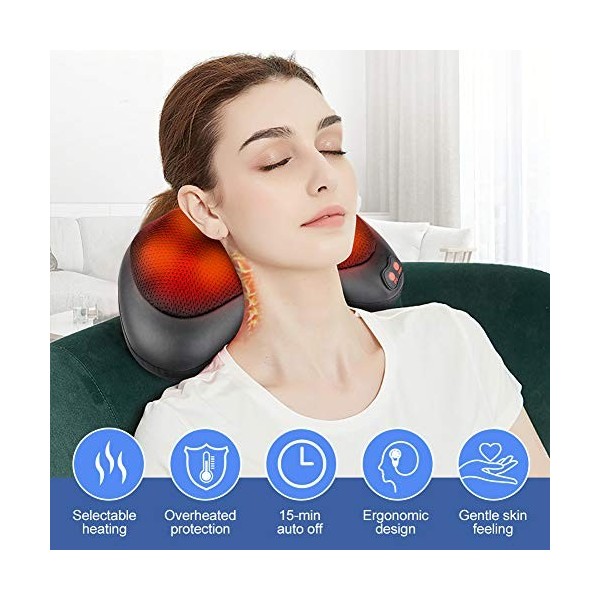 Coussin de Massage Shiatsu, 8 Nœuds de Massage, Masseur de Cou Électrique avec Minuterie de 15 Minutes & 3 Vitesses, Masseur 