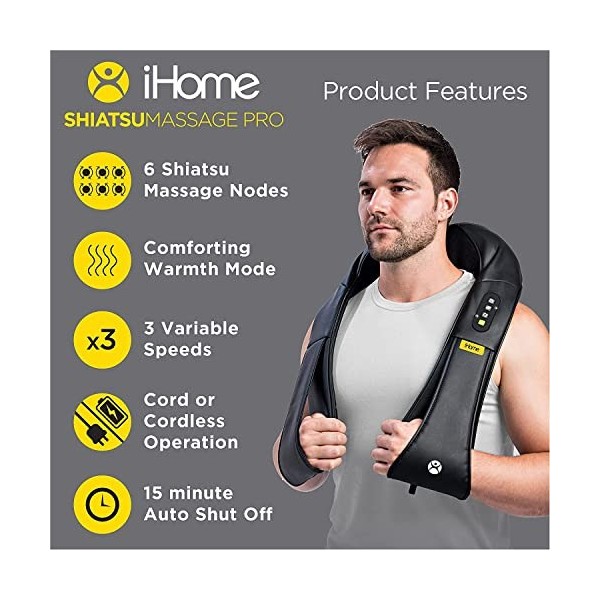 iHome Shiatsu Pro Masseur de cou et de dos avec chaleur pour soulager la douleur, lanxiété et le stress, masseur apaisant le