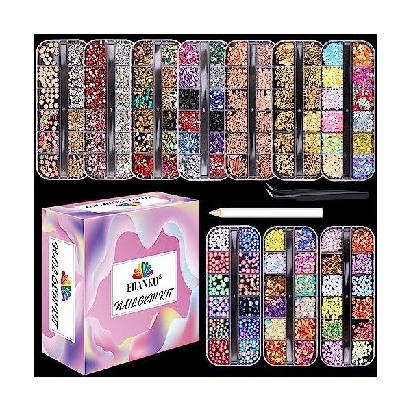 EBANKU 10 Boîtes Nail Studs 3D Nail Gems Perle Irisé Strass Nail Art Conseils Kit de décoration avec pincettes incurvées Cils