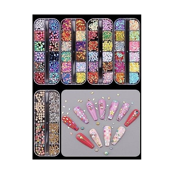 EBANKU 10 Boîtes Nail Studs 3D Nail Gems Perle Irisé Strass Nail Art Conseils Kit de décoration avec pincettes incurvées Cils