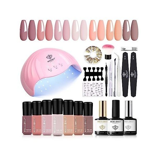 Modelones Kit Ongle Gel UV Complet 48W Lampe, 22PCS Kit Vernis Semi Permanent Nude Rosa Marron, 7 Couleurs Vernis Gel et Base