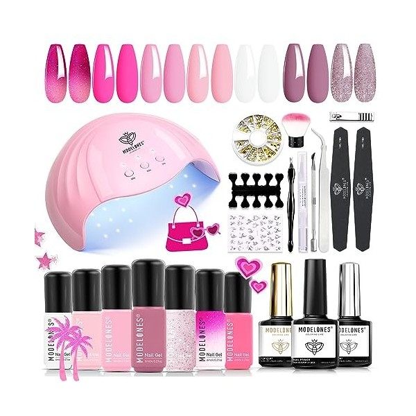 Modelones Kit Ongle Gel UV Complet 48W Lampe, 22PCS Kit Vernis Semi Permanent Nude Rosa Marron, 7 Couleurs Vernis Gel et Base