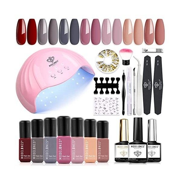 Modelones Kit Ongle Gel UV Complet 48W Lampe, 22PCS Kit Vernis Semi Permanent Nude Rosa Marron, 7 Couleurs Vernis Gel et Base