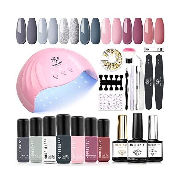 Modelones Kit Ongle Gel UV Complet 48W Lampe, 22PCS Kit Vernis Semi Permanent Nude Rosa Marron, 7 Couleurs Vernis Gel et Base