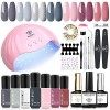 Modelones Kit Ongle Gel UV Complet 48W Lampe, 22PCS Kit Vernis Semi Permanent Nude Rosa Marron, 7 Couleurs Vernis Gel et Base