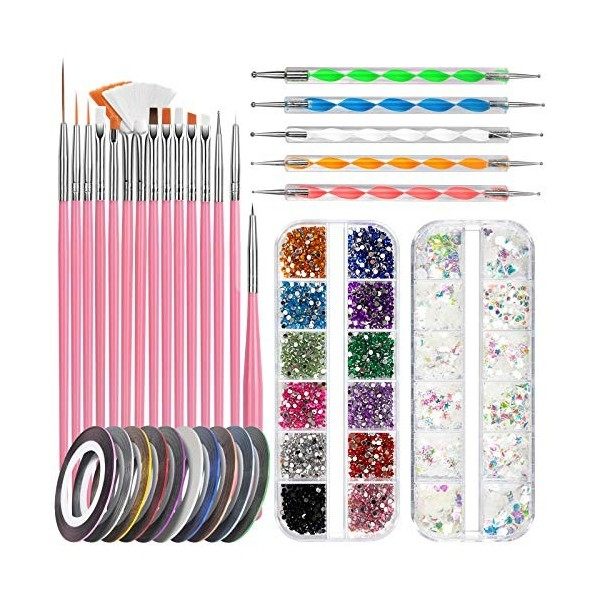 Kit de Nail Art Pinceau, FANDAMEI 15 Pcs Pinceaux Ongles Nail Art Brosses, 5 Pcs Dotting Pens Dotting Tool Nail Art, 10 Pcs S