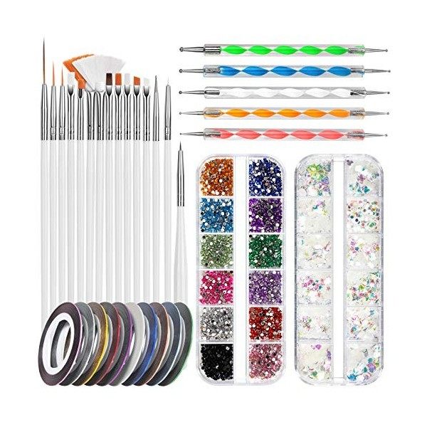 Kit de Nail Art Pinceau, FANDAMEI 15 Pcs Pinceaux Ongles Nail Art Brosses, 5 Pcs Dotting Pens Dotting Tool Nail Art, 10 Pcs S