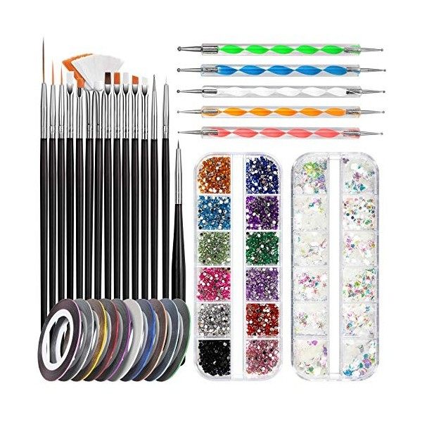 Kit de Nail Art Pinceau, FANDAMEI 15 Pcs Pinceaux Ongles Nail Art Brosses, 5 Pcs Dotting Pens Dotting Tool Nail Art, 10 Pcs S