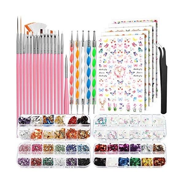 Kit de Nail Art Pinceau, FANDAMEI Pinceaux Ongles Nail Art Brosses, Dotting Pens, Feuilles dautocollants à Ongles, Strass, P