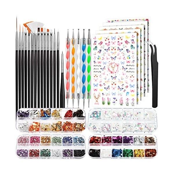 Kit de Nail Art Pinceau, FANDAMEI Pinceaux Ongles Nail Art Brosses, Dotting Pens, Feuilles dautocollants à Ongles, Strass, P