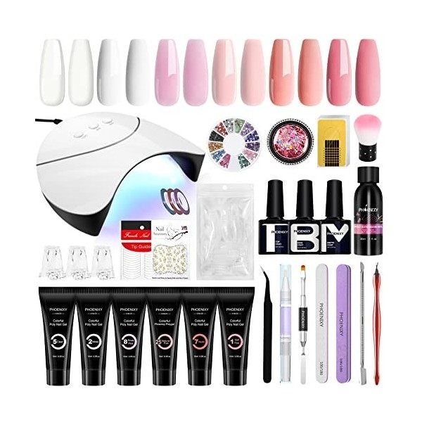 Poly Extension Gel Kit, Phoenixy 6 Couleurs Poly Nail Gel Kit avec 36W UV/LED Lampe Kit Dextensions Dongles Complet Poly On