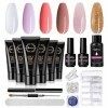 Mobray Poly Nail Gel Kit Complet 6 Couleurs Rose Nude Champagne Poly Extension Ongles Gel Kit avec Top et Base Coat,Poly Buil