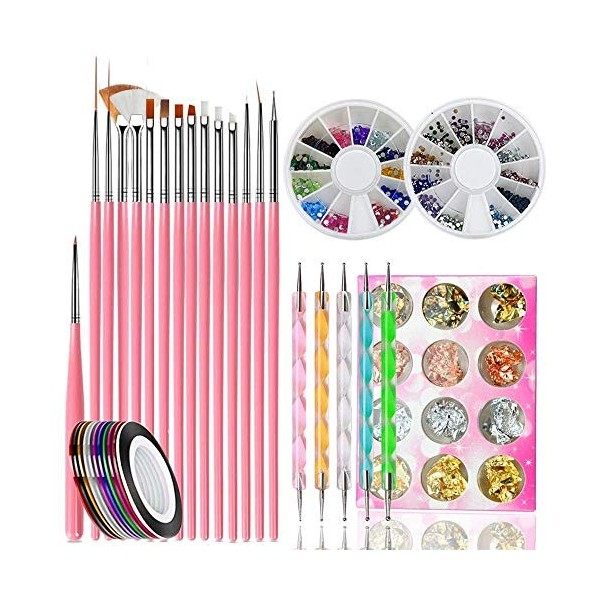 33 Pièces Nail Art Design Set avec 15 Peinture Brosse à Pinceaux, 5 pièces Dotting Pen,2 Boîtes Ongles Strass,10 Striping Tap