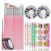 33 Pièces Nail Art Design Set avec 15 Peinture Brosse à Pinceaux, 5 pièces Dotting Pen,2 Boîtes Ongles Strass,10 Striping Tap