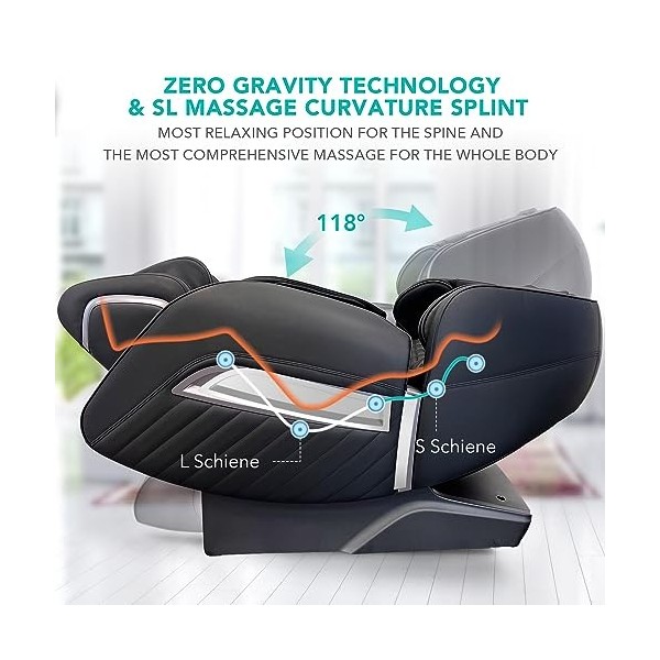 Aspria Shiatsu Zero Gravity Fauteuil de massage électrique avec fonction chauffante, techniques de massage bionique, USB, Blu