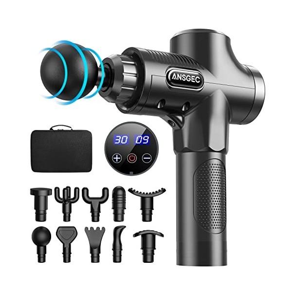 Pistolet de Massage Musculaire, ANSGEC 30 Vitesses et 10 Têtes de Massage, Massage Gun de Muscle Profonds avec lÉcran LCD, U