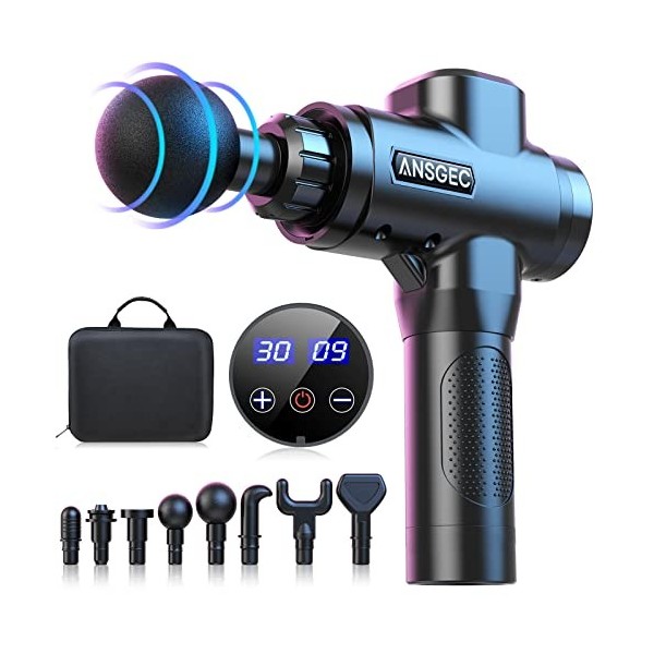 Pistolet de Massage Musculaire, Appareil de Massage Masseur des Tissus Profonds avec 35000RPM 30 Vitesses 8 Têtes de massage 