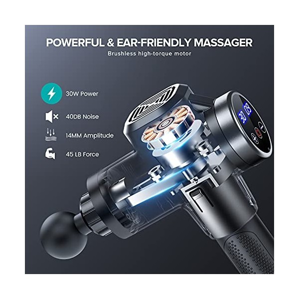 Pistolet de Massage Musculaire, Appareil de Massage Masseur des Tissus Profonds avec 35000RPM 30 Vitesses 8 Têtes de massage 