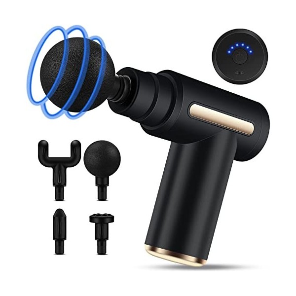 Mini Pistolet de Massage Musculaire, Uplayteck Portable Massage Gun avec 6 Niveaux Réglables et 4 Têtes, Port de Type-C, Supe