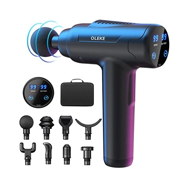 OLEKE Pistolet de Massage Electrique Portable 99 Niveaux Réglables Masseur de Muscle Electrique avec Ecran LCD 8 Têtes de Mas