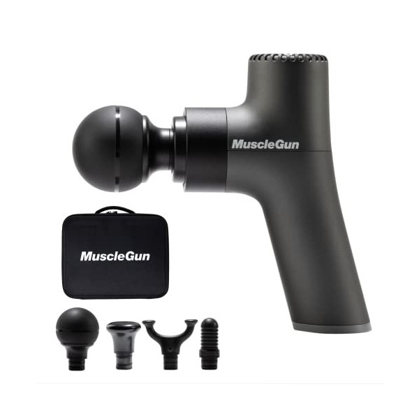 MuscleGun Carbon Go Pistolet de massage portable léger avec percussion, autonomie de 180 minutes, contrôle de la vitesse, 4 a