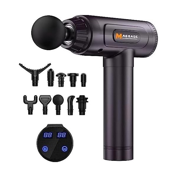 Pistolet de Massage Musculaire, Cholas de Massage Masseur avec 30 Niveaux Réglables, 10 Têtes Massage et lÉcran LCD Pour Sou