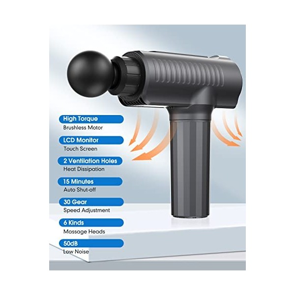 Pistolet de Massage Musculaire Sendowtek Pistolet Masseur de Muscle Profond avec 30 Vitesses 6 Têtes de Massage Écran LCD Mas