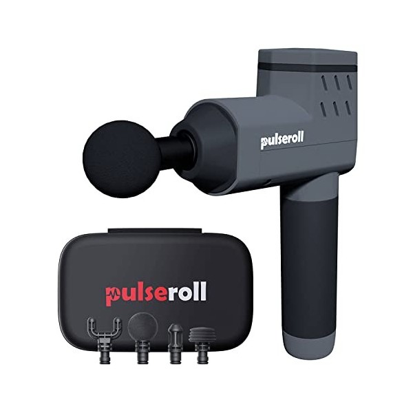 Pulseroll Pistolet de massage professionnel à percussion pour tissus profonds, 4 vitesses avec 4 têtes et étui de transport, 