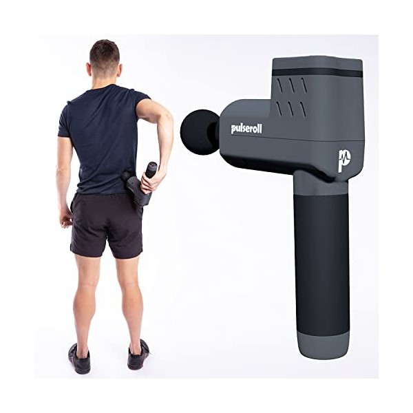 Pulseroll Pistolet de massage professionnel à percussion pour tissus profonds, 4 vitesses avec 4 têtes et étui de transport, 