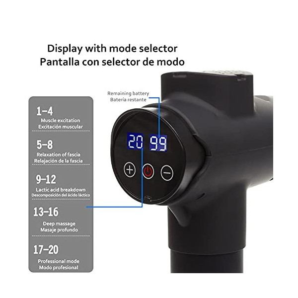 DAM Pistolet de massage musculaire Bandeau Gun J-21 20 niveaux de massage et 6 têtes spécifiques. Étui de transport inclus.