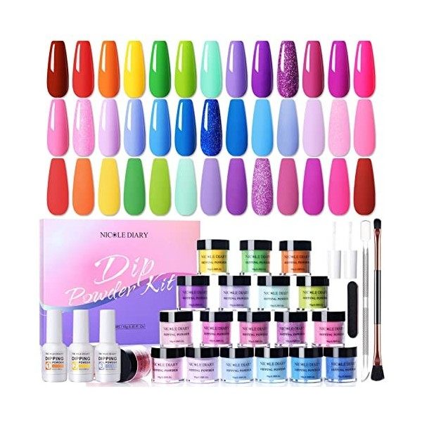 28 PCS Dip Powder Kit Complete - Nicole Diary 20 Couleurs Poudre Acrylique pour Ongles Kits de Poudre de Trempage Liquide pou