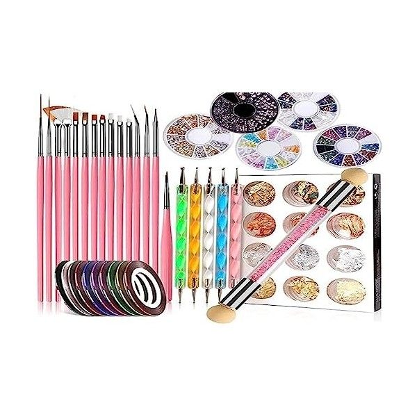 47Pcs Kit de Nail Art Pinceaux Ongles, Nail Art Pinceaux, Strass Cristal, Stylos à Ongles, Ruban Adhésif, Paillettes Autocoll