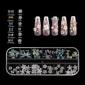 SAVITA 250 Pièces 12 Tailles Papillon Fleurs Ongle Nail Art 3D, Breloques pour Ongles Acryliques Accessoires pour Plats Ongle