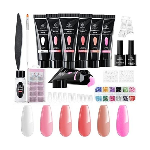 Kit Ongle Gel Complet, Kastiny 8 Couleurs Poly Extension Gel Faux Vernis avec Mini UV/LED Lampe, Manucure avec Base et Couche