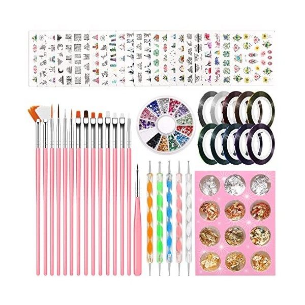 Pinkiou Kit de décoration pour nail art, kit de conception dongles avec 24 feuilles dautocollants pour nail art, 20 pinceau